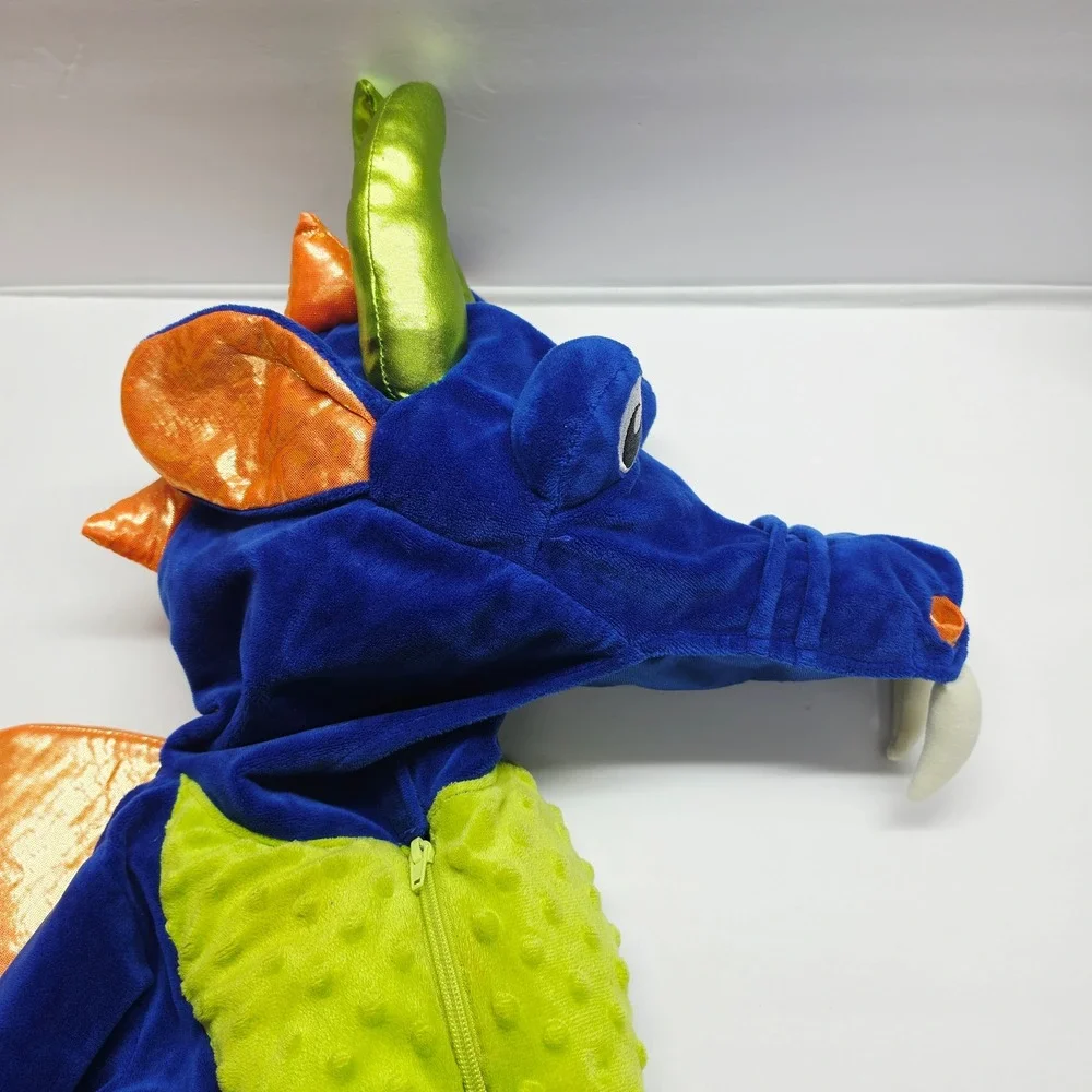 Spooked Dragon Costume Kids 4T Blue Orange Wings Plush Jumpsuit READ FLAW